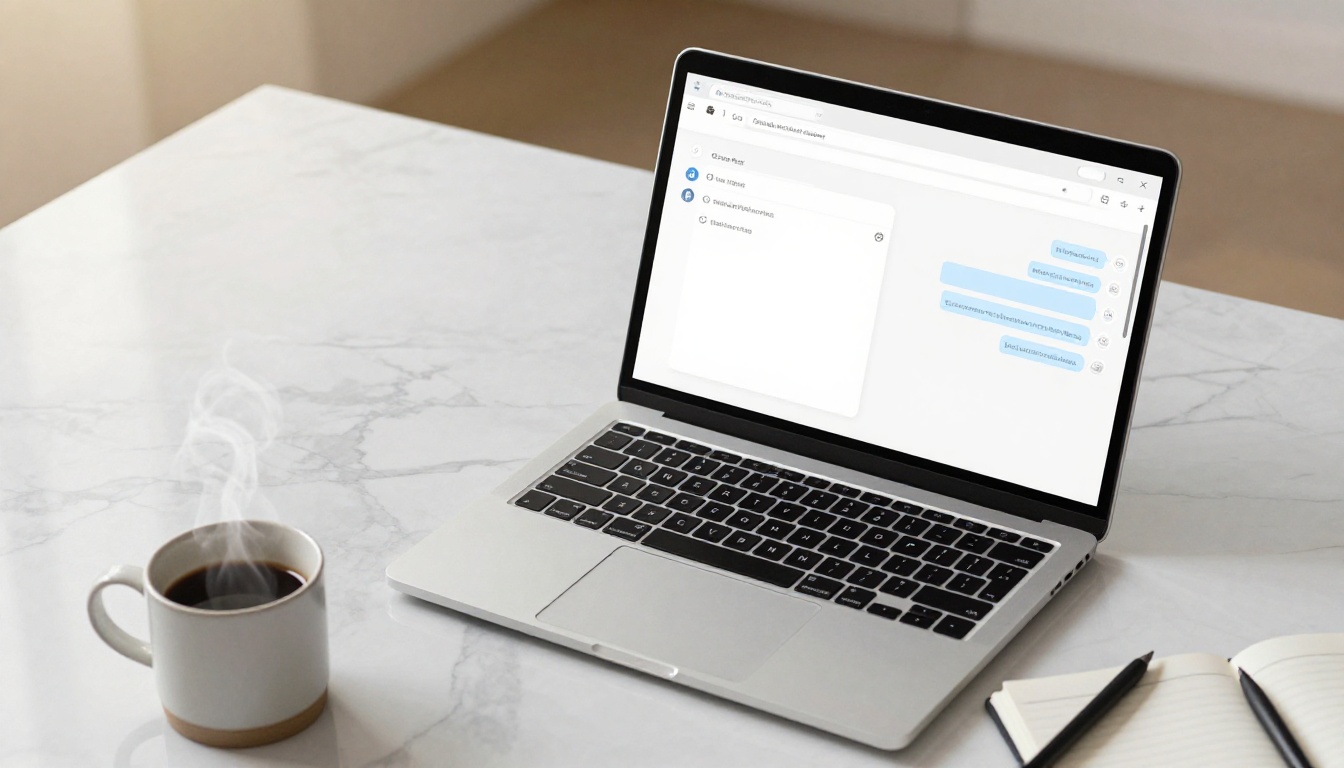 Aerial view of laptop showing AI chat interface on white marble desk with coffee