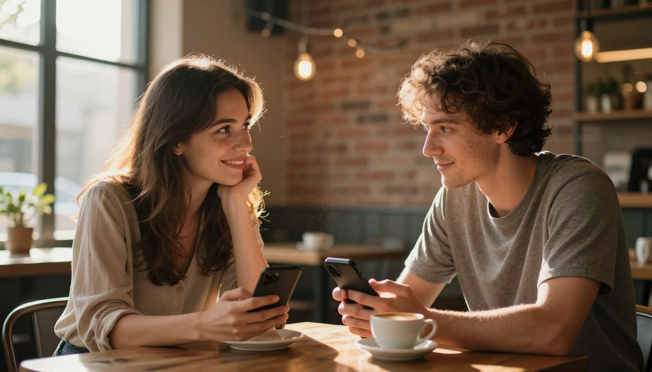 Two adults at a cafe table, both on phones with subtle smiles, warm afternoon light