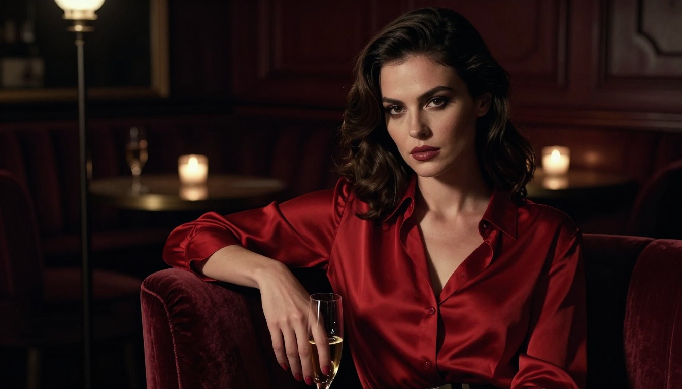 Noir portrait of woman in red silk blouse, dramatic chiaroscuro lighting, velvet lounge chair