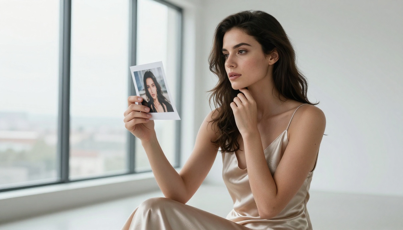 Woman holding a photograph thoughtfully in studio light