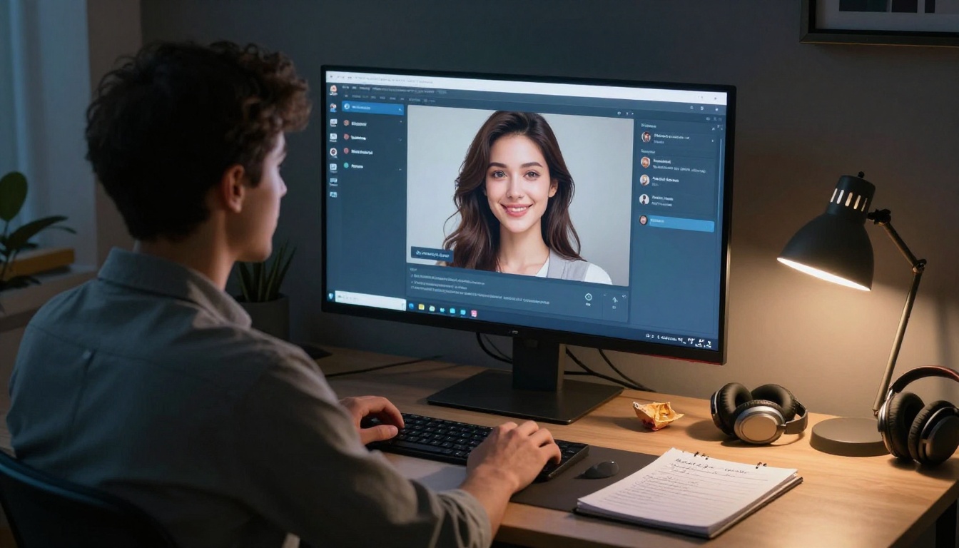 Man at desk viewing AI chat with photorealistic avatar on monitor, warm night lighting
