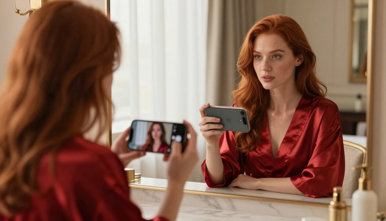 Woman at vanity mirror checking AI video result on smartphone