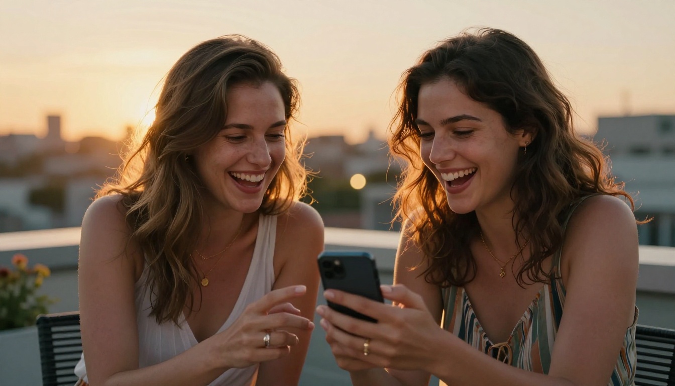 Friends sharing AI-generated video results together on rooftop at sunset