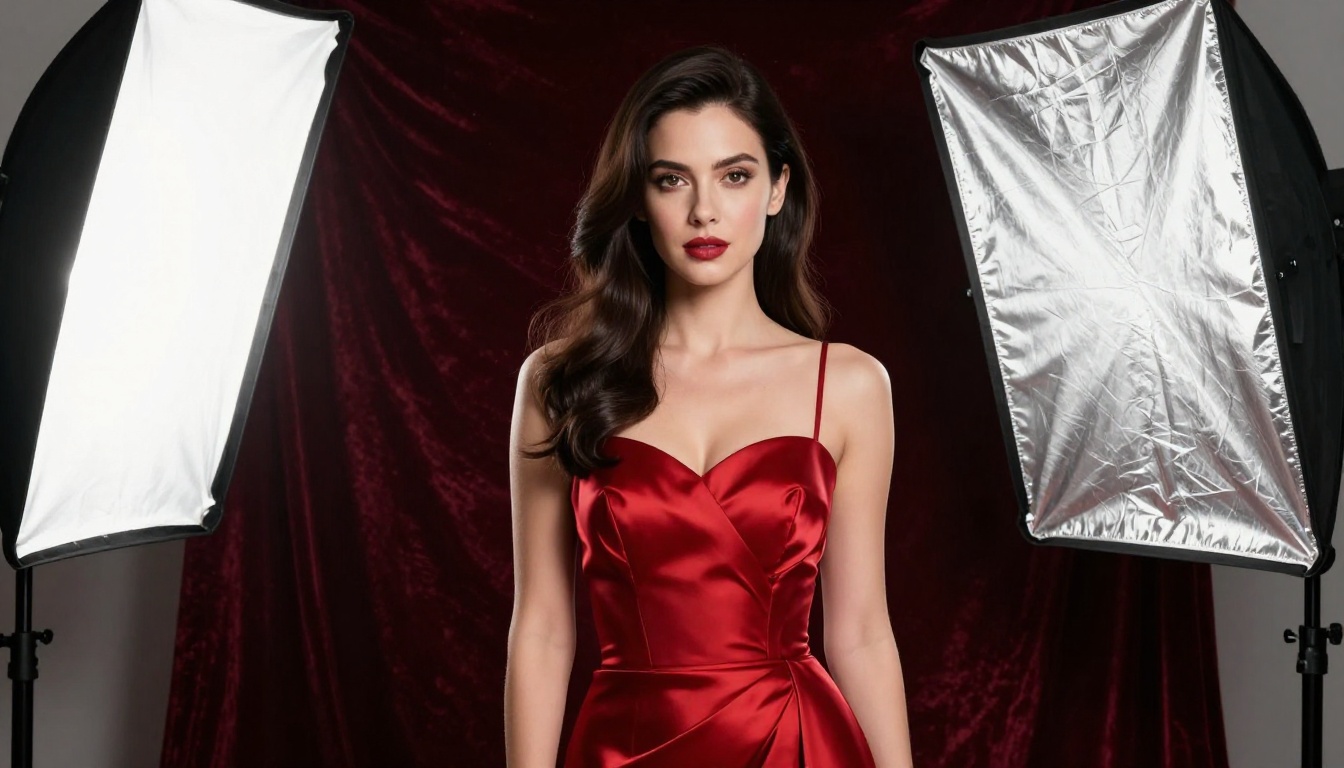 Studio portrait with classic glamour lighting and red satin gown
