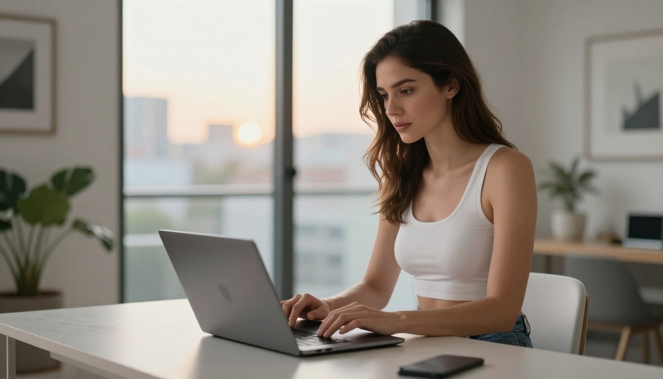Woman using AI video generation tools at a modern home studio