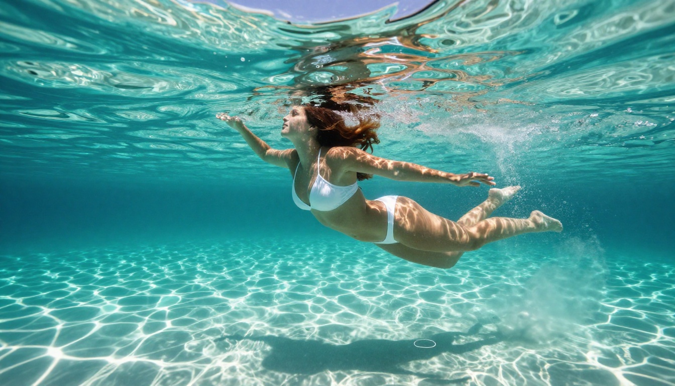 Underwater perspective of woman swimming in crystal clear pool with caustic light