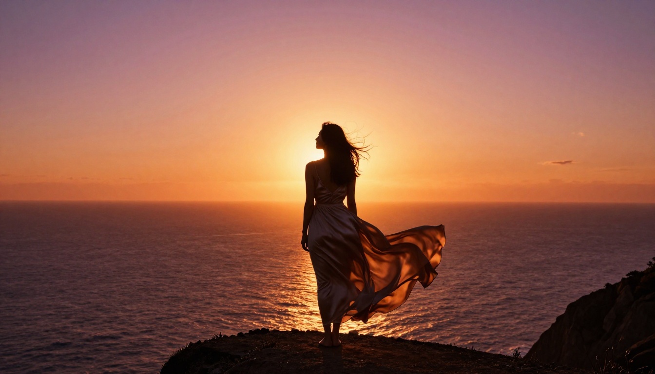 Woman in flowing dress at cliffside sunset, backlit silhouette Woman in flowing dress at cliffside sunset, backlit silhouette