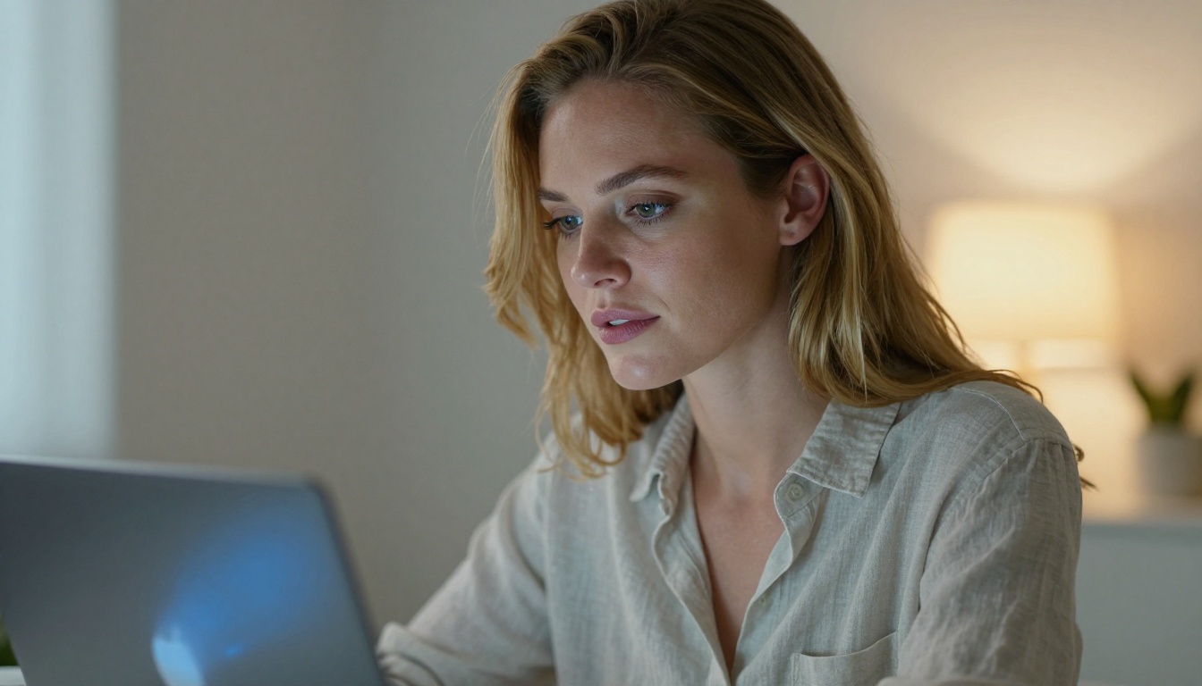 Woman at laptop creating AI portraits, soft ambient studio lighting, warm tungsten glow, 50mm f/2.0 lens, Kodak Portra 400 film grain