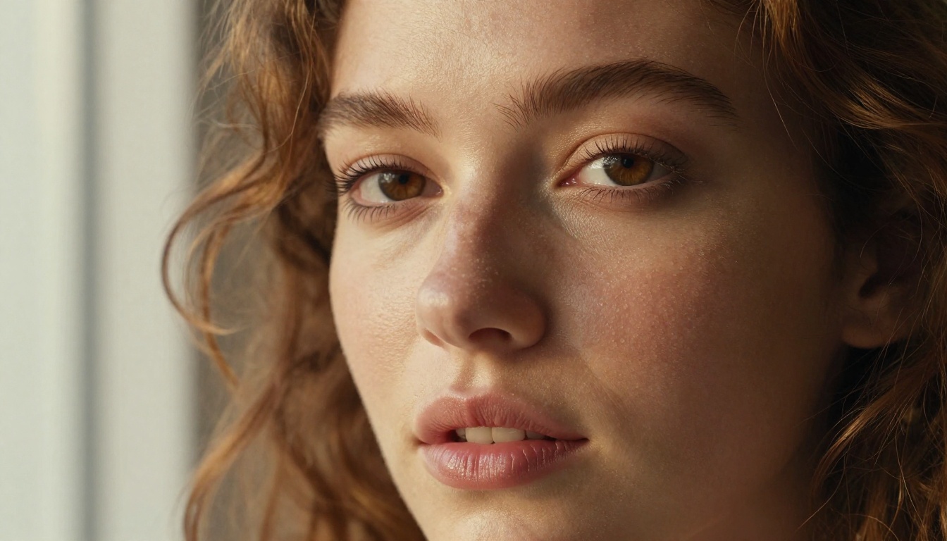 Extreme close-up portrait, deep chestnut eyes, auburn curls, dewy skin texture showing natural pores, overcast window light from the left, 105mm macro lens f/2.8