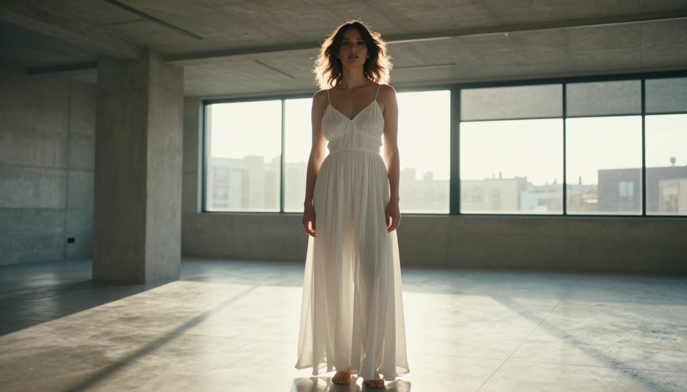 Low-angle editorial portrait of confident woman in white sundress, modern loft apartment, warm afternoon backlight creating halo silhouette, architectural concrete walls, 35mm f/1.8 lens