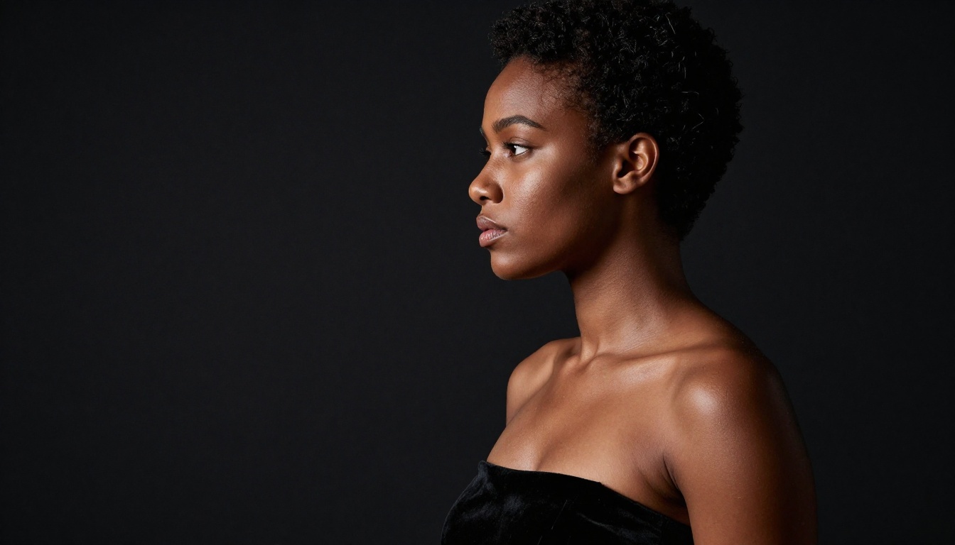 Dramatic side-profile portrait, smooth dark brown skin, single rim light from the right defining jawline and collarbone, pure black studio background, short natural afro, 85mm f/1.4 lens, Kodak Portra 400