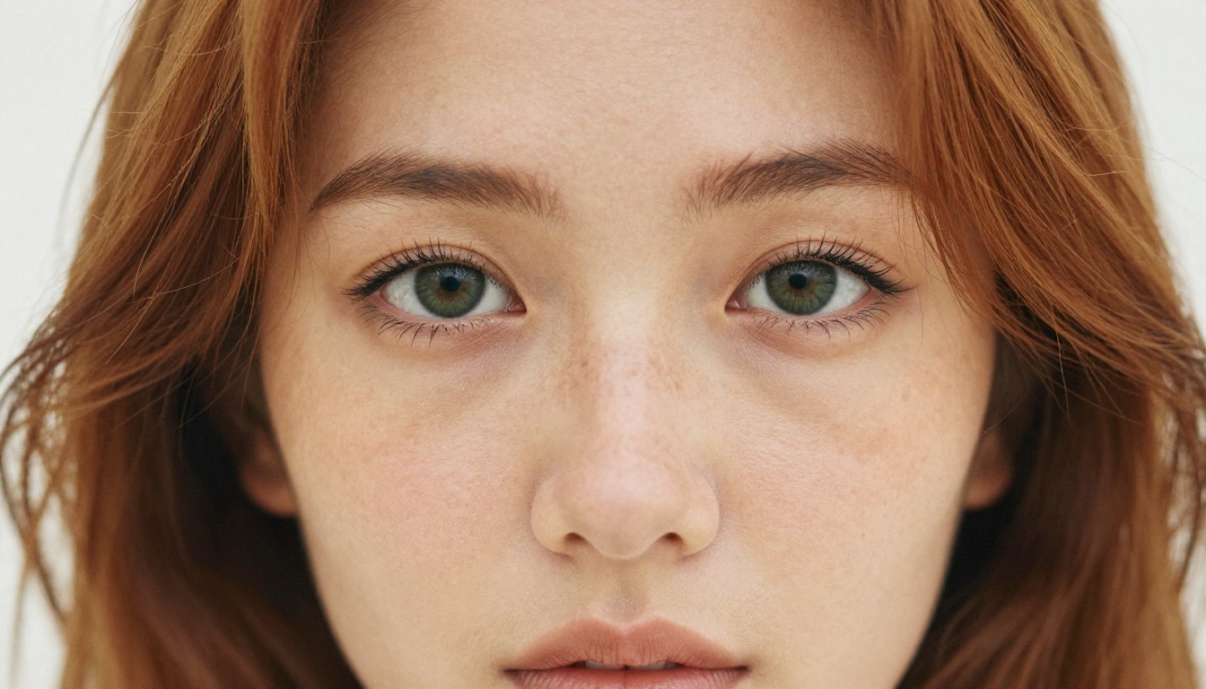A close-up portrait of a woman with natural freckles and green eyes, photorealistic RAW 8K photography