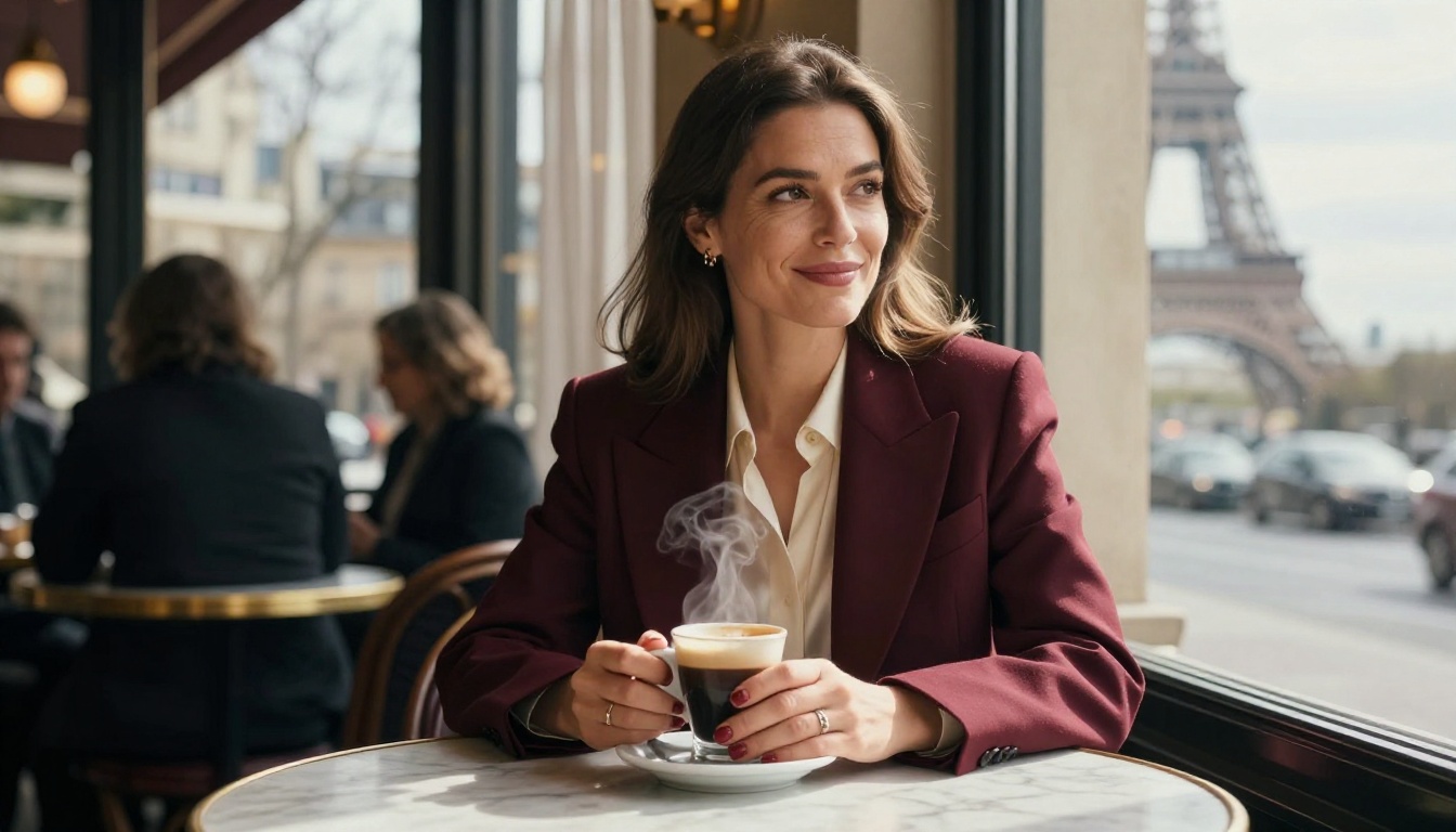 A sophisticated woman in a burgundy blazer at a marble Parisian cafe table, genuine expression, photorealistic RAW 8K photography