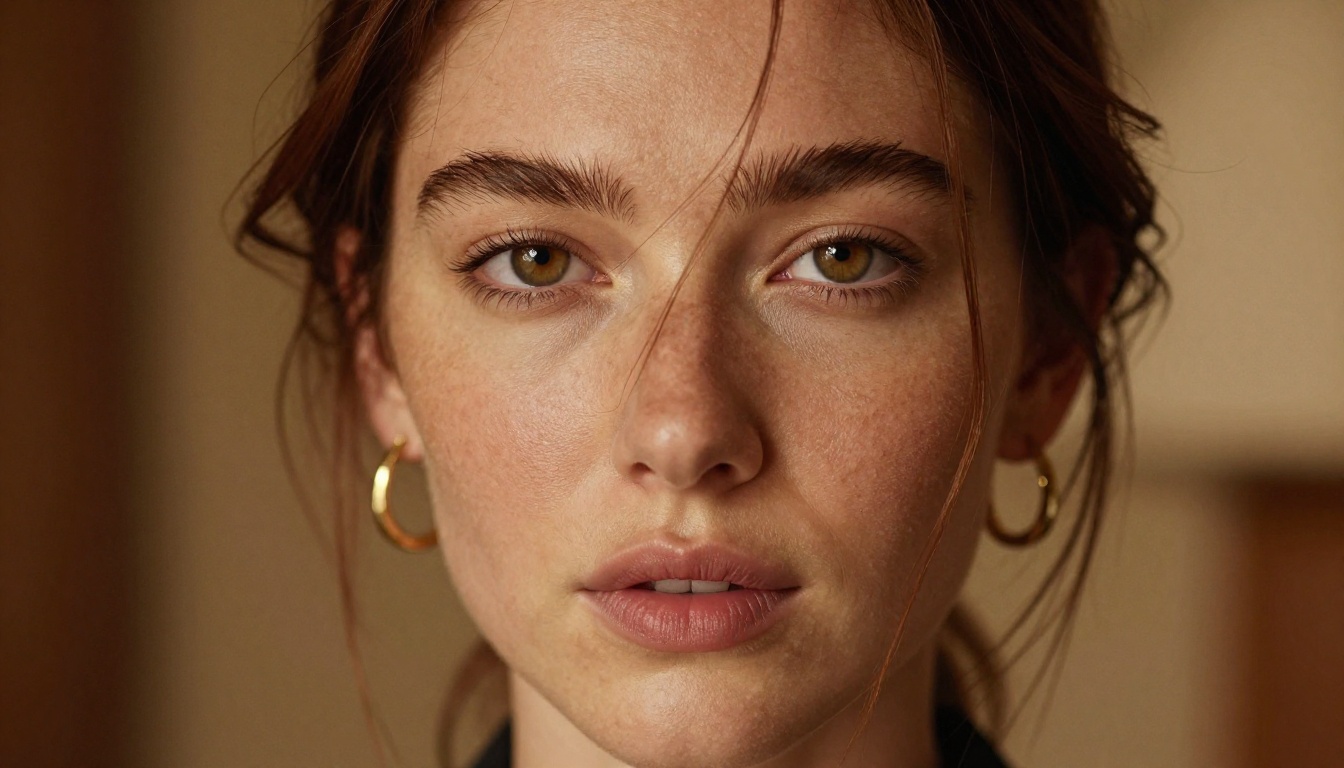 Close-up portrait of a woman with hazel eyes and freckled skin, dramatic Rembrandt lighting from the upper left, shallow depth of field