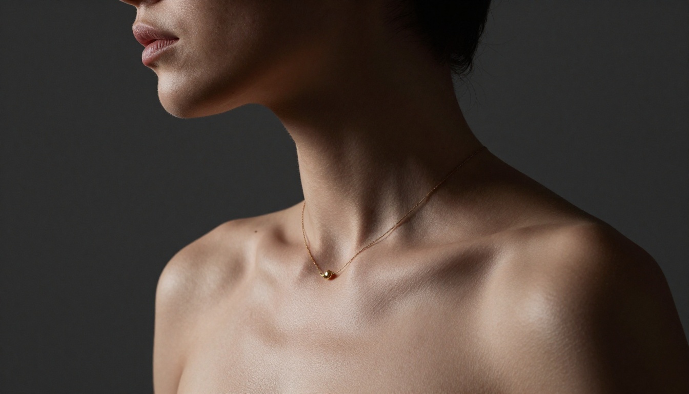 Side-profile artistic close-up of a bare shoulder and collarbone against charcoal backdrop, single shaft of directional light creating dramatic chiaroscuro Side-profile artistic close-up of a bare shoulder and collarbone against charcoal backdrop, single shaft of directional light creating dramatic chiaroscuro