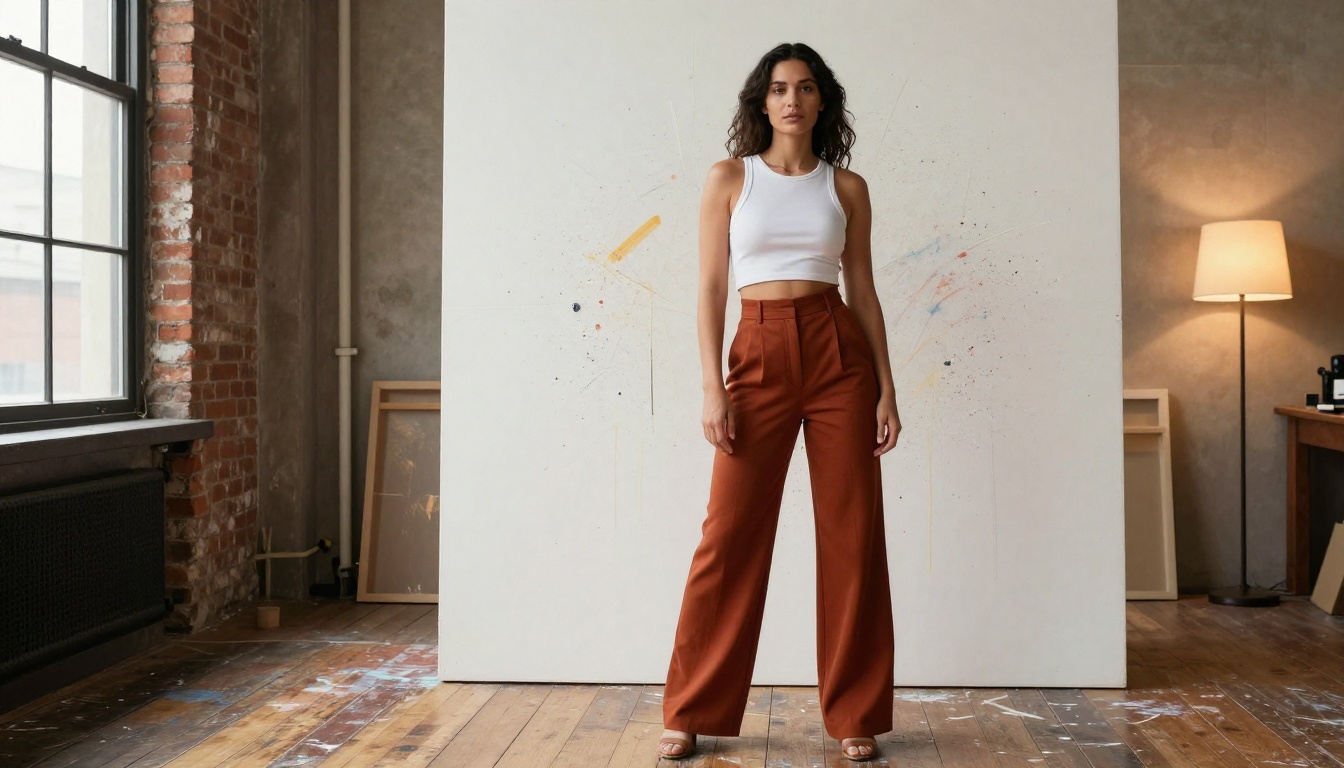 A confident woman in rust-colored wide-leg trousers and a white tank top standing in an artist's loft studio, exposed brick walls, northern light from industrial windows A confident woman in rust-colored wide-leg trousers and a white tank top standing in an artist's loft studio, exposed brick walls, northern light from industrial windows