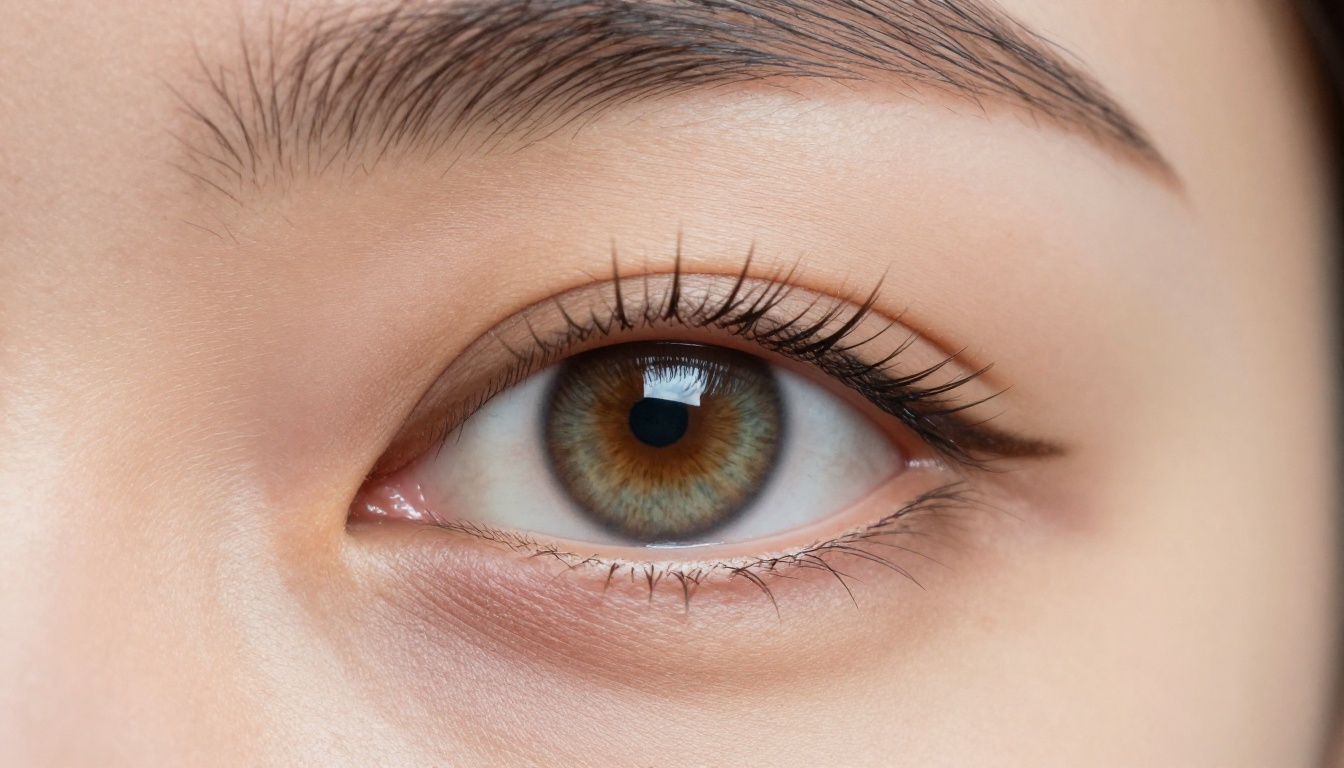 Macro close-up of a woman's eye showing realistic iris detail, individual eyelashes, and natural skin texture