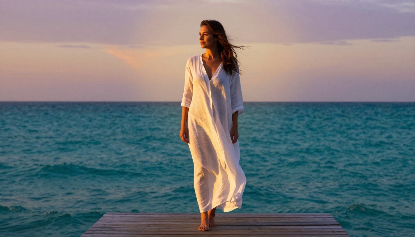 A woman in a sheer white linen beach wrap standing on a wooden pier at sunset, 135mm telephoto compression, Kodak Ektar 100 grain, RAW 8K