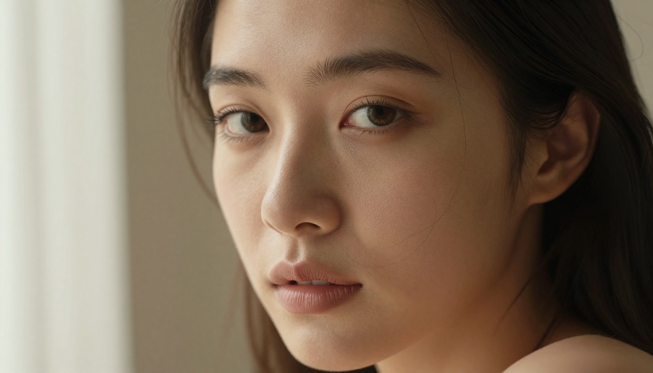 Close-up portrait of a woman's face and bare shoulders, 85mm f/1.2 macro-portrait lens, natural morning light streaming from the left, Kodak Portra 400