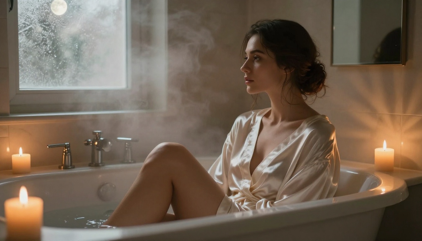 A woman seated at the edge of a white marble bathtub in a loose silk robe, warm candlelight, steam rising, 50mm f/1.4 lens, Kodak Portra 800 grain, RAW 8K