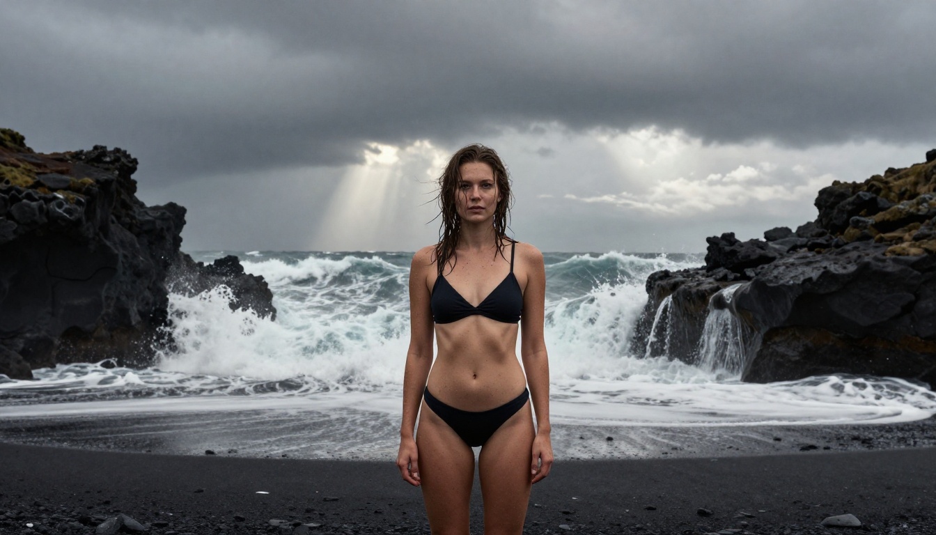 A woman in a high-cut sporty swimsuit on a volcanic black sand beach in Iceland, dramatic stormy sky with light breaking through clouds, Ilford HP5 grain, 35mm wide angle environmental portrait A woman in a high-cut sporty swimsuit on a volcanic black sand beach in Iceland, dramatic stormy sky with light breaking through clouds, Ilford HP5 grain, 35mm wide angle environmental portrait