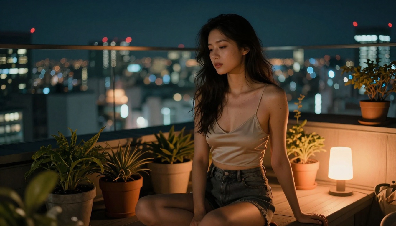 A woman on a Tokyo rooftop at night, strappy camisole and shorts, warm incandescent table lamp, 85mm f/1.2 extreme background bokeh with city lights, Kodak Portra 400 pushed to 1600 A woman on a Tokyo rooftop at night, strappy camisole and shorts, warm incandescent table lamp, 85mm f/1.2 extreme background bokeh with city lights, Kodak Portra 400 pushed to 1600