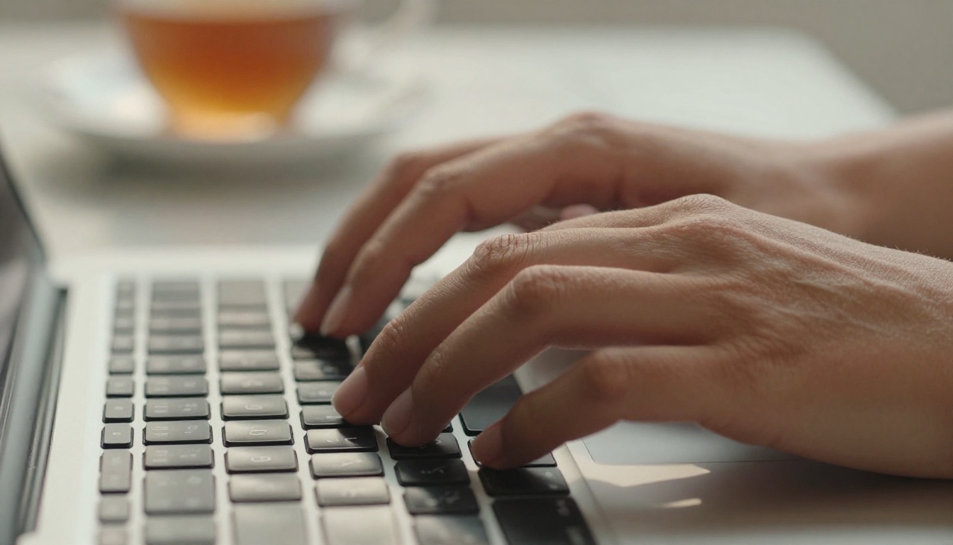 Elegant hands typing on laptop keyboard with warm afternoon light
