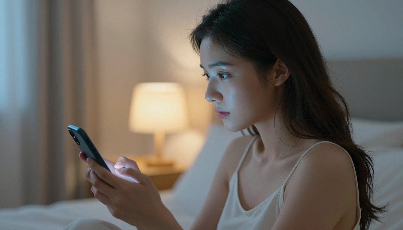 Woman looking at phone screen in softly lit bedroom at dusk
