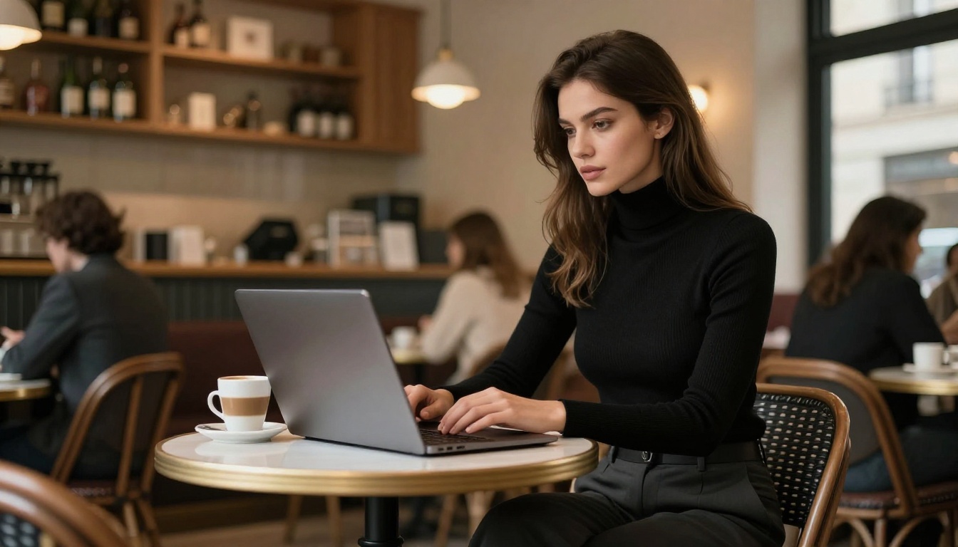 Woman in fitted black turtleneck at Parisian cafe with laptop