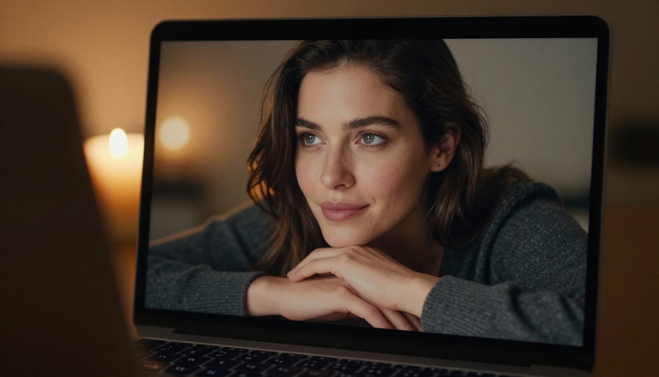 Woman's face reflected in closed laptop screen, candlelight halo