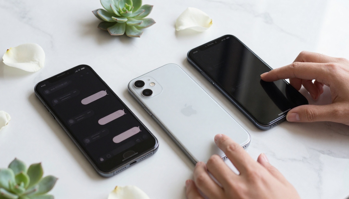 Two smartphones side by side on white marble surface with rose petals