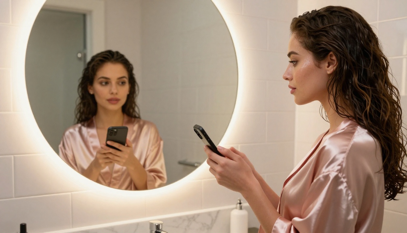Woman in blush satin robe in modern bathroom looking at mirror