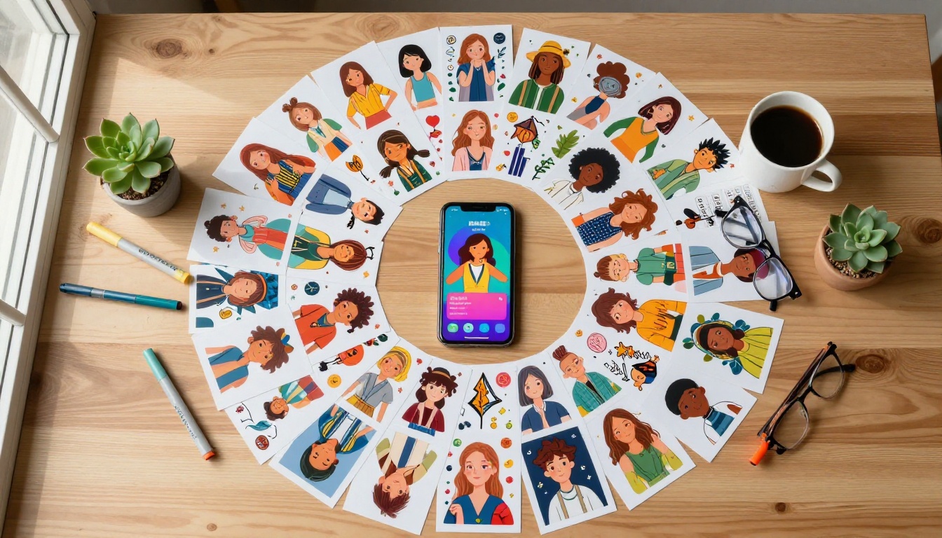 Flat lay of printed AI sticker sheets on a wooden table