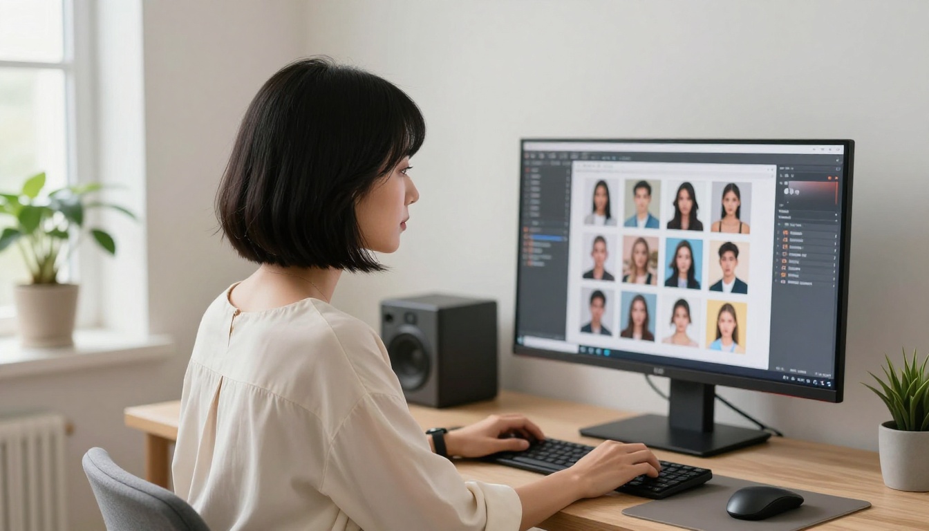 Creator with black bob reviewing sticker design on ultrawide monitor