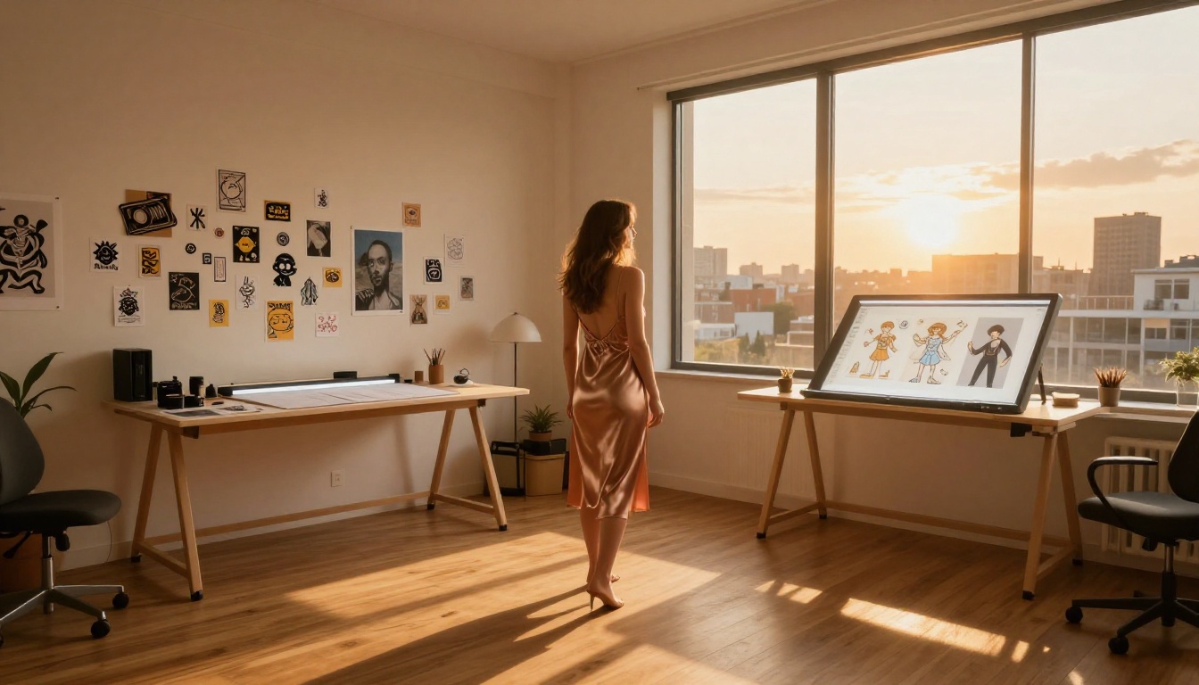 Woman in studio apartment at golden hour surrounded by sticker art