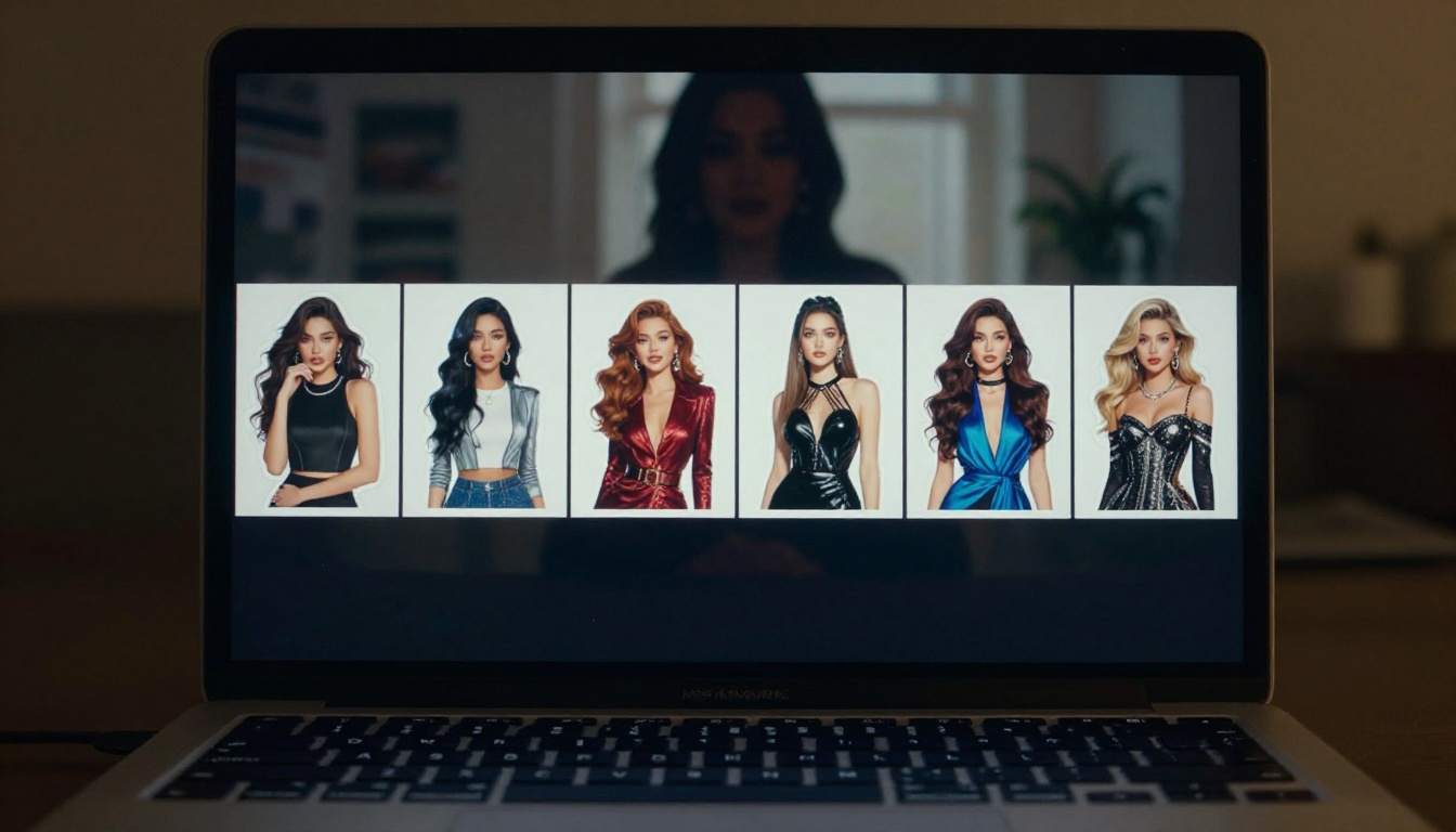 Laptop screen showing comparison grid of AI-generated sticker characters