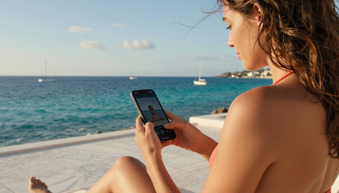 Beautiful woman on Mediterranean terrace using AI video app on smartphone, golden hour lighting