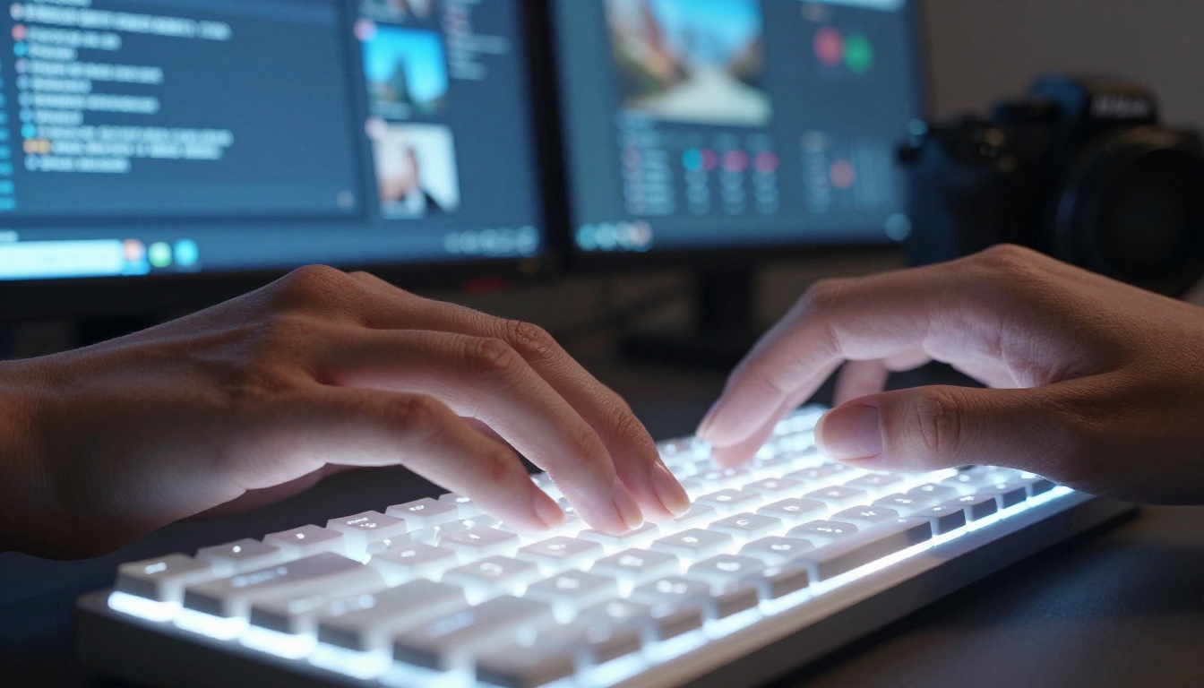 Close-up overhead view of female hands typing AI prompts on mechanical keyboard with monitor glow