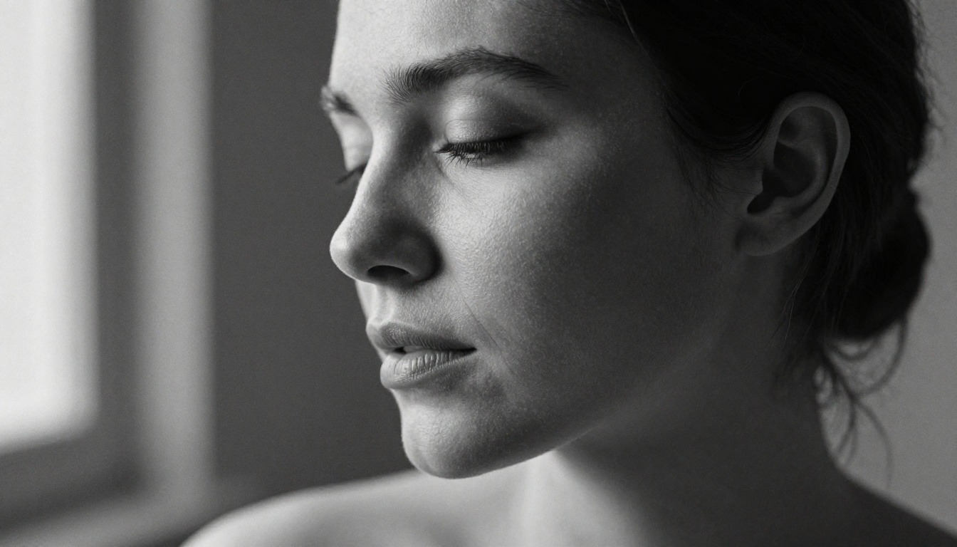 Dramatic black and white close-up portrait showing authentic skin texture and Rembrandt lighting
