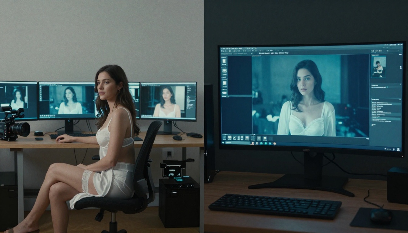 Woman in elegant white studio workstation setup reviewing AI-generated split-screen video content