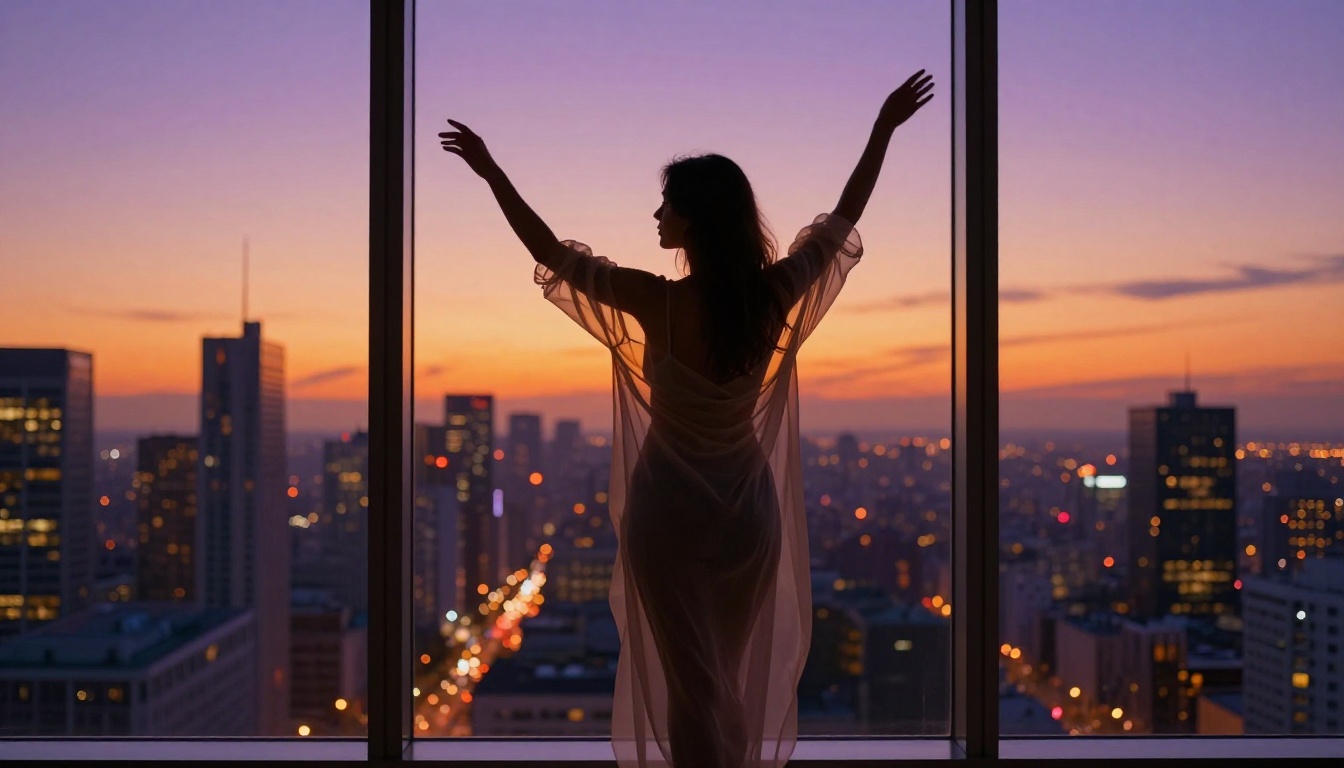 Woman silhouetted against floor-to-ceiling penthouse window at dusk with city skyline Woman silhouetted against floor-to-ceiling penthouse window at dusk with city skyline