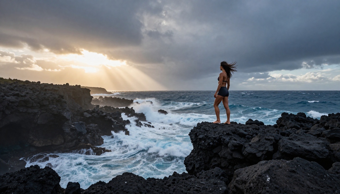 Athletic woman in sport bikini on volcanic cliff edge at the Azores, stormy ocean below Athletic woman in sport bikini on volcanic cliff edge at the Azores, stormy ocean below
