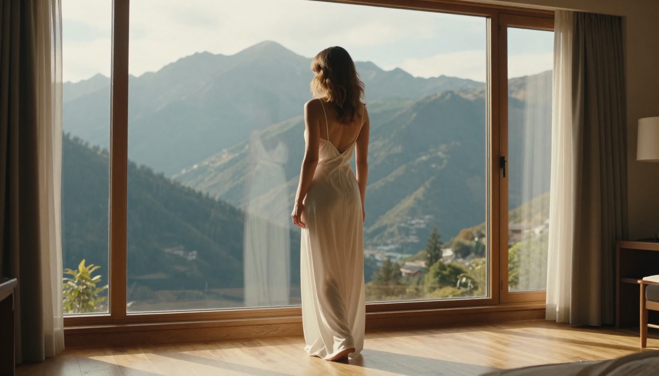 Woman in hotel room overlooking mountains — example of a high-quality source image Woman in hotel room overlooking mountains — example of a high-quality source image