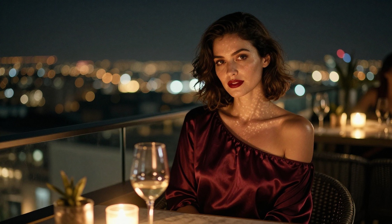 Woman at night rooftop bar — representing the range of content possible with uncensored AI models