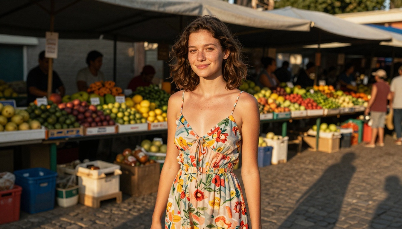 Woman at outdoor market in summer dress — representing natural, unrestricted AI generation