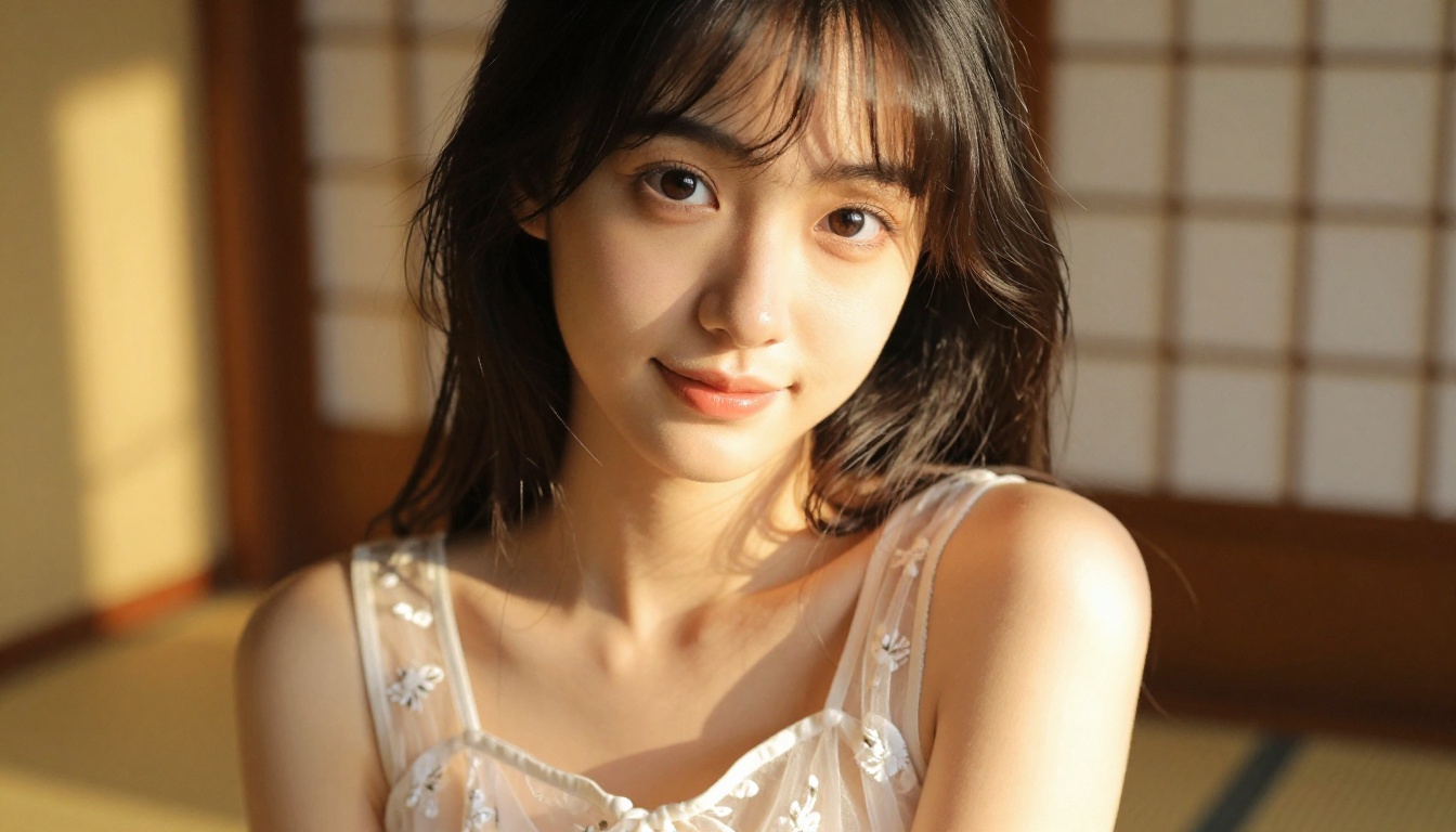 Anime-styled woman in sheer white sundress near rice paper screen doors with golden hour light