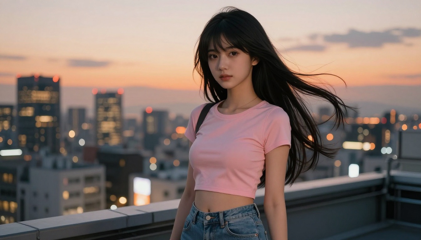 Anime-styled woman on Tokyo rooftop at dusk with city lights bokeh