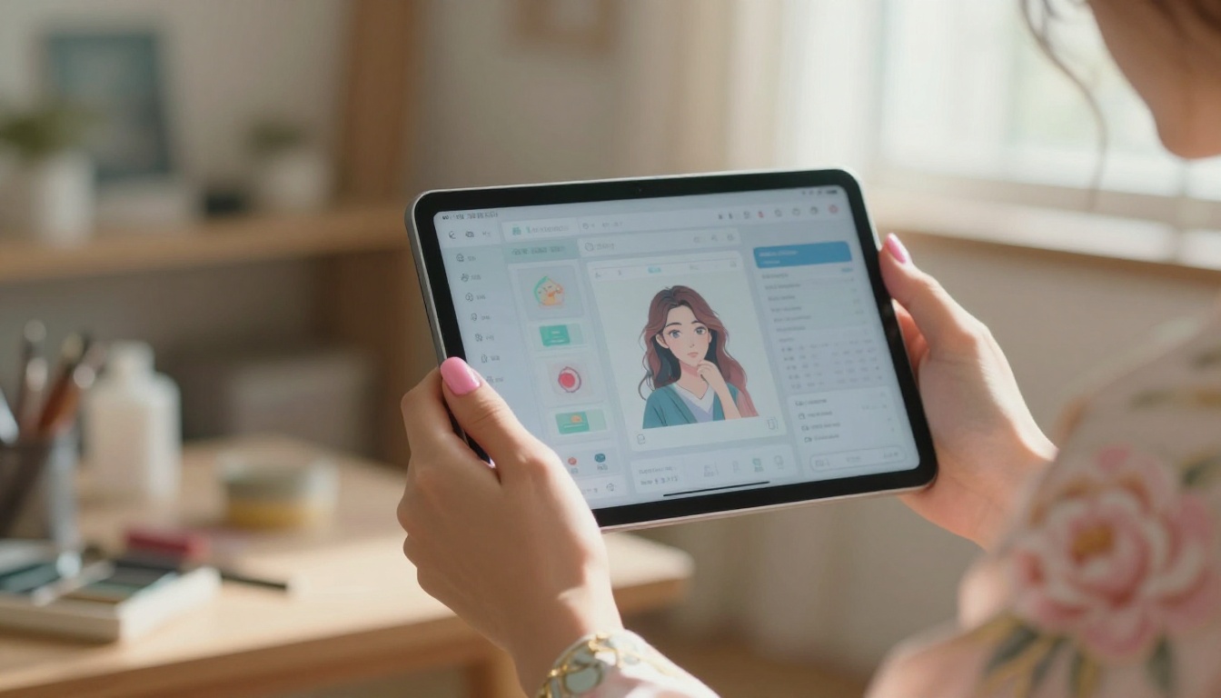 Anime-styled woman's hands with painted nails holding glowing tablet showing AI generation interface