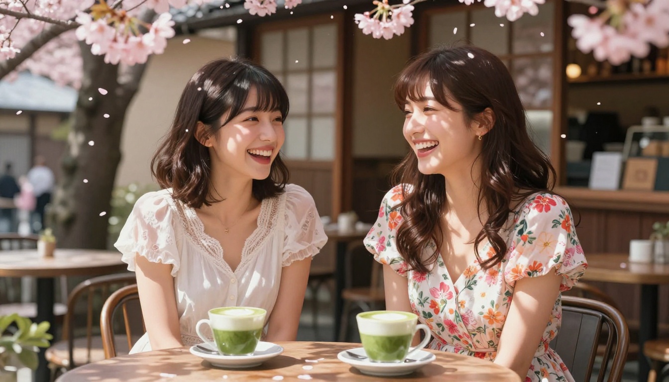Two anime-styled women at outdoor Kyoto café under cherry blossom trees