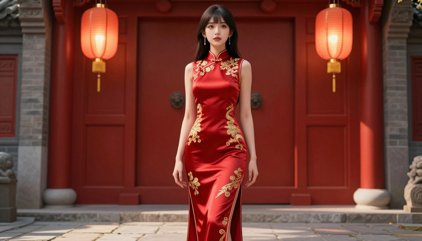 Anime-styled woman in red qipao at traditional Chinese gate with glowing lanterns